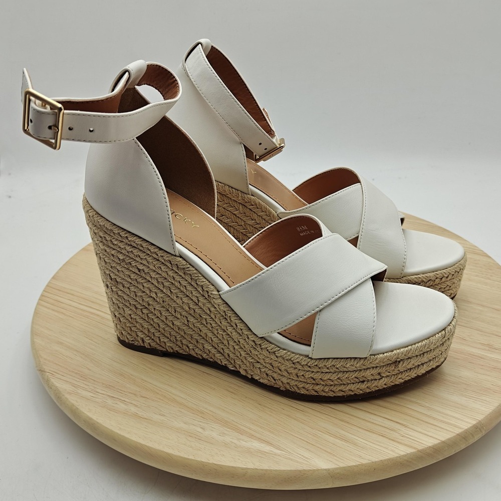 Lisa Vicky Shoes Womens Size 8.5 White Espadrille Sandals‎ Wedge Platform Buckle